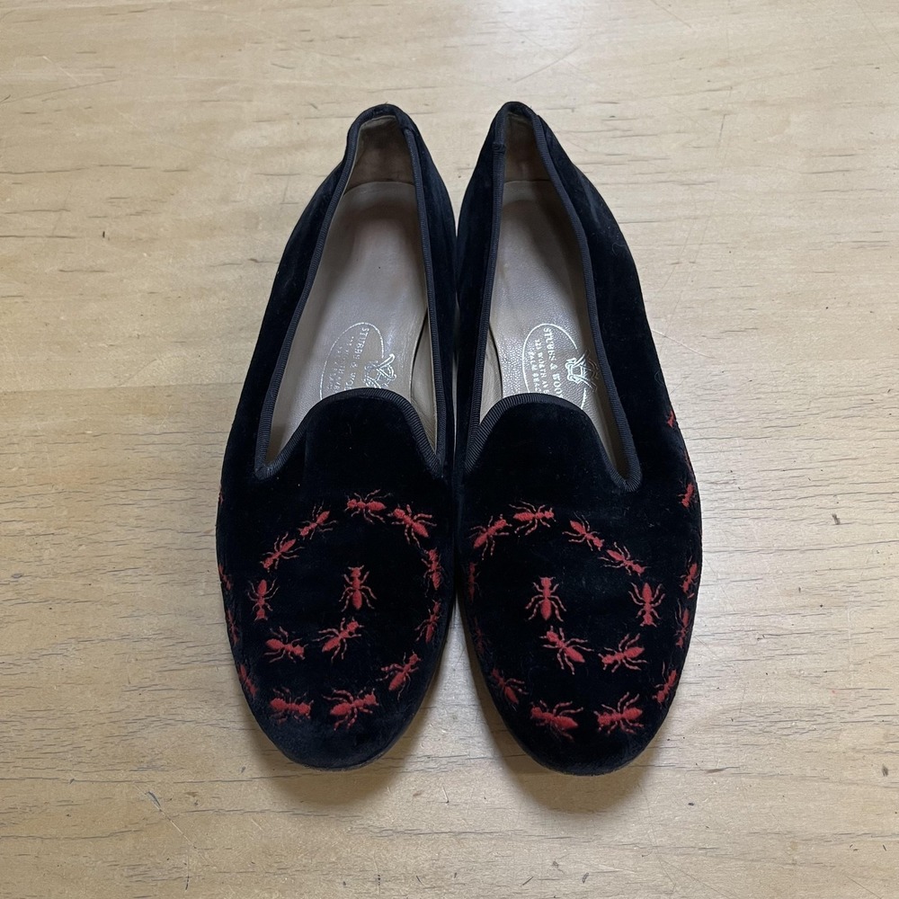Stubbs & Wootton Shoes Womens Size 8.5 Black Velvet Loafers Red Ants Embroidered